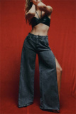 Casual High Waist Slit Zipper Fitted Distressed Wide Leg Denim Jeans