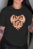 Casual Heart Print O Neck Short Sleeve Slim Fitted T-Shirts
