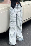 Casual Pocket Low Waist Wide Leg Distressed Denim Cargo Jeans