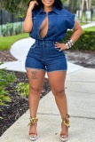 Casual Turndown Collar Pocket Buttons Raw Trim Fitted Denim Romper
