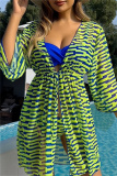 Stripe Print Long Sleeve Cardigan Cover Up Bra And Shorts Vacation Beach Swimsuit Three Piece Set