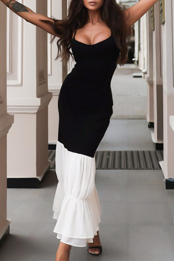 Sleeveless Backless Ruffle U Neck Ruffle Hem Formal Evening Party Bodycon Maxi Slip Dresses