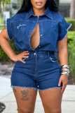 Casual Turndown Collar Pocket Buttons Raw Trim Fitted Denim Romper
