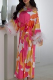 Casual Colorblock Print Feathers Oblique Collar Long Sleeve With Belt Vacation Long Maxi Dresses