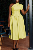 Yellow Formal Belted Oblique Collar Short Sleeve Evening Party A Line Pleated Midi Dress