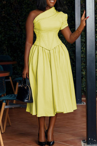 Yellow Formal Belted Oblique Collar Short Sleeve Evening Party A Line Pleated Midi Dress