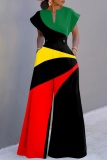 Black Colorblock Print V Neck Short Sleeve Casual Vacation Wide Leg Jumpsuits