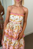 Casual Floral Print Strapless Sleeveless Ruffle Hem Cut Out Cake Skirt Birthday Patry Cami Maxi Dresses