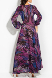 Green Leaf Print V Neck Lantern Sleeve A Line Loose Fit Vacation Chiffon Maxi Dress with Tie