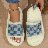 Blue Thick Sole And Fur Insole Winter Plus Size Denim Home Slippers