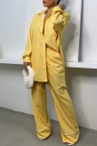 Yellow Striped Print Shirt Collar Long Sleeve Blouse And Pocket Wide Leg Pants Casual Office Lady Two Pieces Trouser Sets