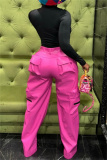 Pink Casual High Waist Pocket Zipper Straight Leg Cargo Pants