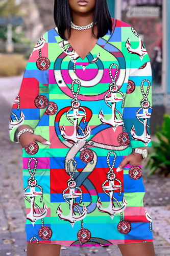 Multicolor Graphics Print V Neck Short Sleeve Casual Vacation Loose Pockets Midi T-Shirt Dress