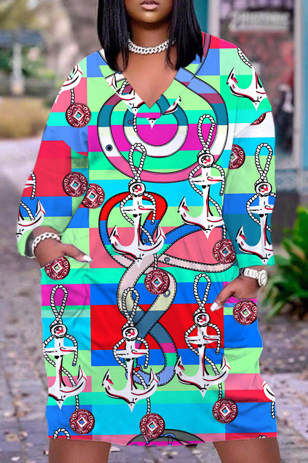 Multicolor Graphics Print V Neck Short Sleeve Casual Vacation Loose Pockets Midi T-Shirt Dress