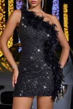 Black Party Feathers Sleeveless Backless Oblique Collar Wrapped Skirt Formal Evening Bodycon Mini Dress