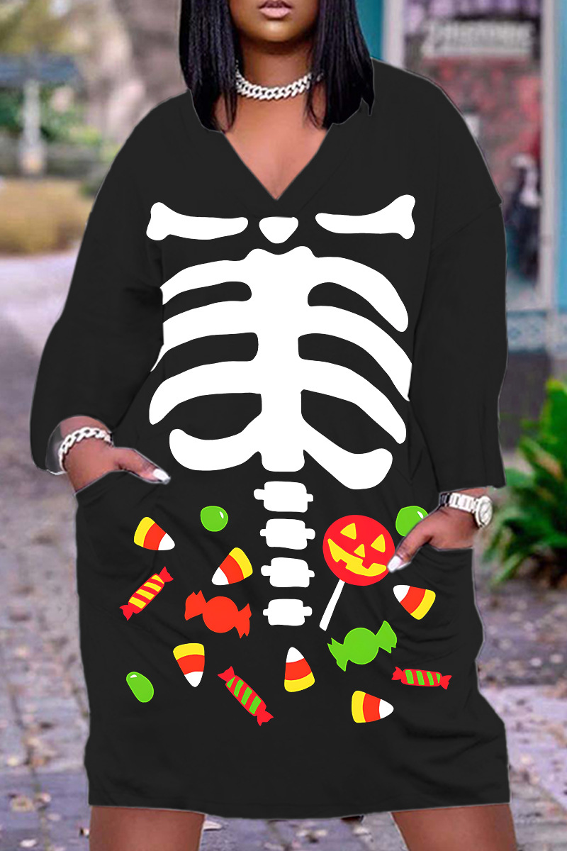 Halloween Skull Print Short Sleeve Vintage Midi Dress main image 0