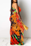 Green Map Geometric Print Sleeveless O Neck Hollow Out One Step Skirt Bodycon Maxi Dresses