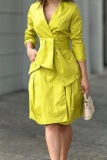 Orange Formal Turndown Collar Long Sleeve Pocket Lace Up Office Lady Party Evening Midi Dresses