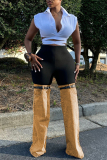 Khaki Casual Patchwork High Waist Straight Leg Denim Jeans