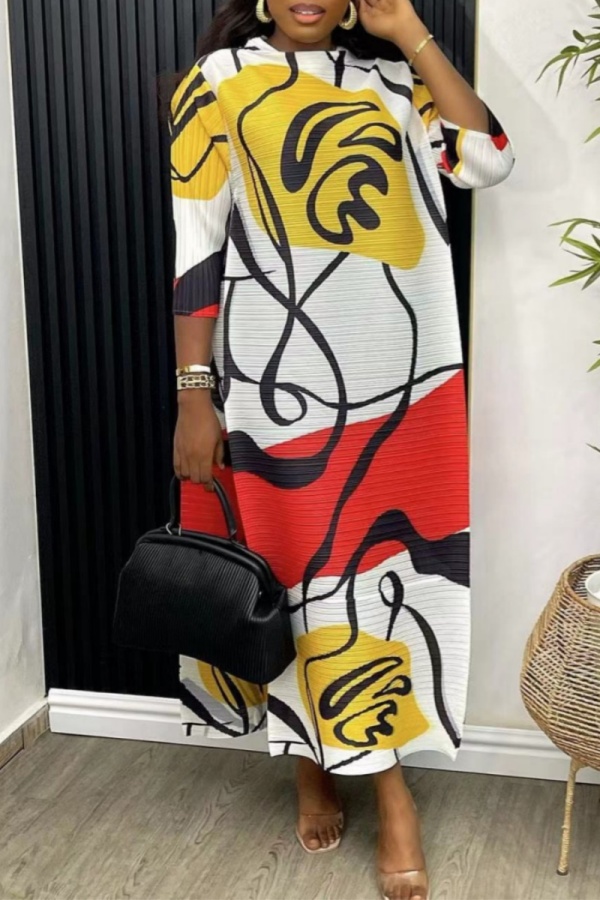 Red Graphics Print O Neck 3/4 Sleeve Long Casual Vacation A Line Pleated Maxi Dresses