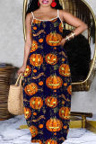 Dark Blue Halloween Costume Pumpkin Print Sleeveless Floor Length Casual Vacation Baggy Slip Maxi Dress