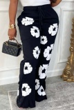 Black 3D Embossed Cotton Flower Print Embroidery High Waist Wide Leg Pants