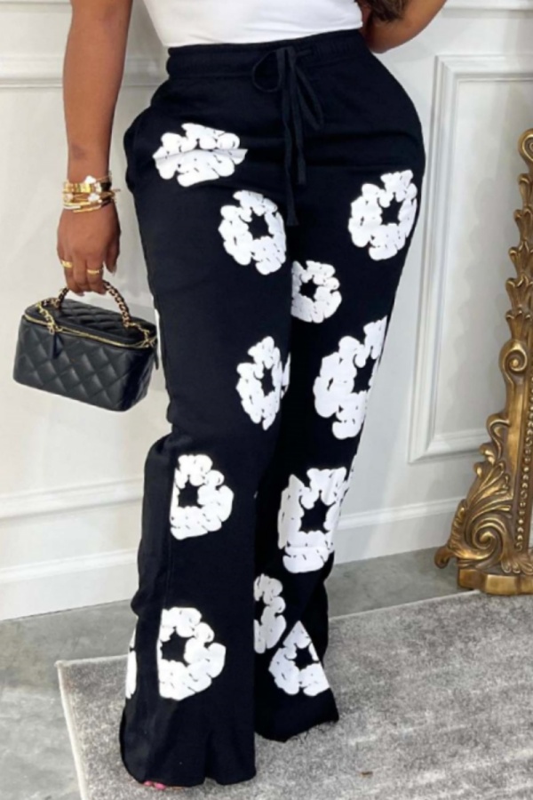 Black 3D Embossed Cotton Flower Print Embroidery High Waist Wide Leg Pants