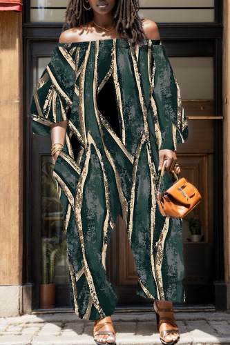 Ink Green Red Casual Graphics Print Off Shoulder Long Sleeve Regular Vacation Harem Leg Jumpsuits