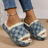 Blue Thick Sole And Fur Insole Winter Plus Size Denim Home Slippers