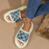 Blue Thick Sole And Fur Insole Winter Plus Size Denim Home Slippers