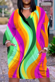 Multicolor Graphics Print V Neck Short Sleeve Casual Vacation Loose Pockets Midi T-Shirt Dress