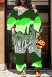 Ink Green Red Casual Graphics Print Off Shoulder Long Sleeve Regular Vacation Harem Leg Jumpsuits