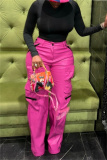 Pink Casual High Waist Pocket Zipper Straight Leg Cargo Pants