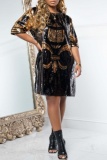 Black Sequins Party O Neck Half Sleeve Loose Vacation Mini T-Shirt Dresses