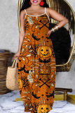 Dark Blue Halloween Costume Pumpkin Print Sleeveless Floor Length Casual Vacation Baggy Slip Maxi Dress