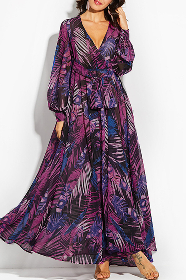Green Leaf Print V Neck Lantern Sleeve A Line Loose Fit Vacation Chiffon Maxi Dress with Tie