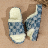 Blue Thick Sole And Fur Insole Winter Plus Size Denim Home Slippers