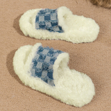 Blue Thick Sole And Fur Insole Winter Plus Size Denim Home Slippers