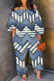 Sky Blue Casual Graphics Print Off Shoulder Long Sleeve Regular Vacation Harem Leg Jumpsuits