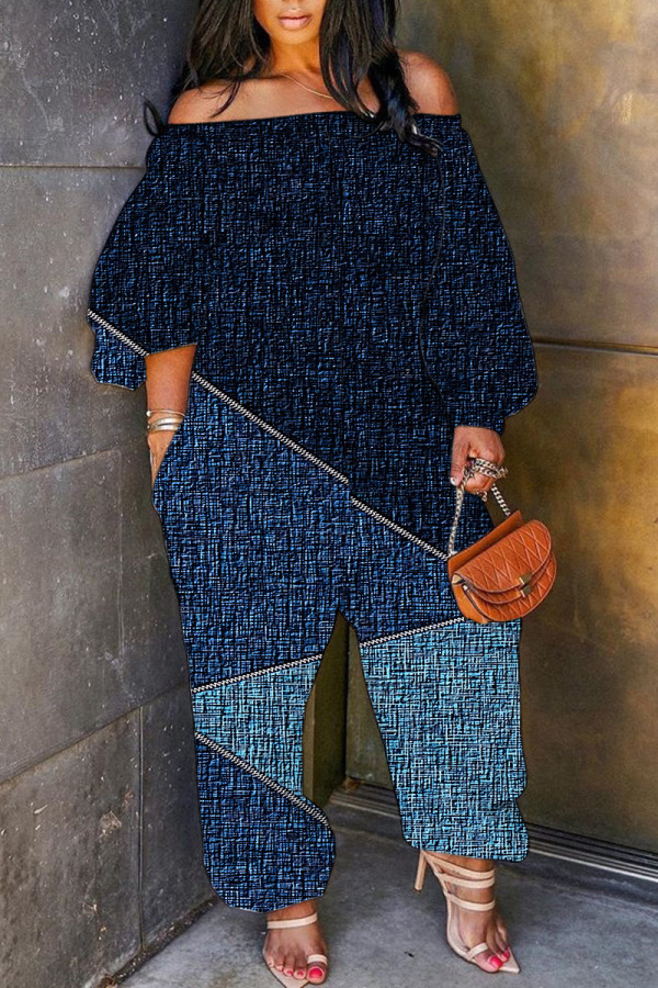 Sky Blue Casual Graphics Print Off Shoulder Long Sleeve Regular Vacation Harem Leg Jumpsuits