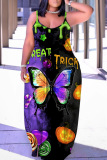 Purple Black Halloween Spider Cat Print Sleeveless Floor Length Vacation Baggy Sundress Slip Maxi Dress