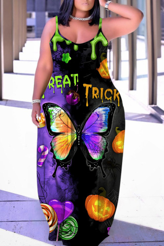 Purple Black Halloween Spider Cat Print Sleeveless Floor Length Vacation Baggy Sundress Slip Maxi Dress