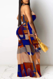 Green Map Geometric Print Sleeveless O Neck Hollow Out One Step Skirt Bodycon Maxi Dresses