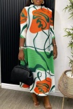 Red Graphics Print O Neck 3/4 Sleeve Long Casual Vacation A Line Pleated Maxi Dresses