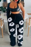 Black 3D Embossed Cotton Flower Print Embroidery High Waist Wide Leg Pants
