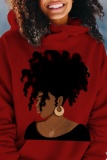 Light Coffee Figure Print Long Sleeve Loose Fall Winter Hooded Sweatshit