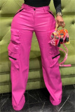 Pink Casual High Waist Pocket Zipper Straight Leg Cargo Pants