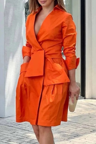 Orange Formal Turndown Collar Long Sleeve Pocket Lace Up Office Lady Party Evening Midi Dresses