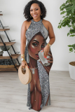Green Map Geometric Print Sleeveless O Neck Hollow Out One Step Skirt Bodycon Maxi Dresses
