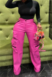 Pink Casual High Waist Pocket Zipper Straight Leg Cargo Pants